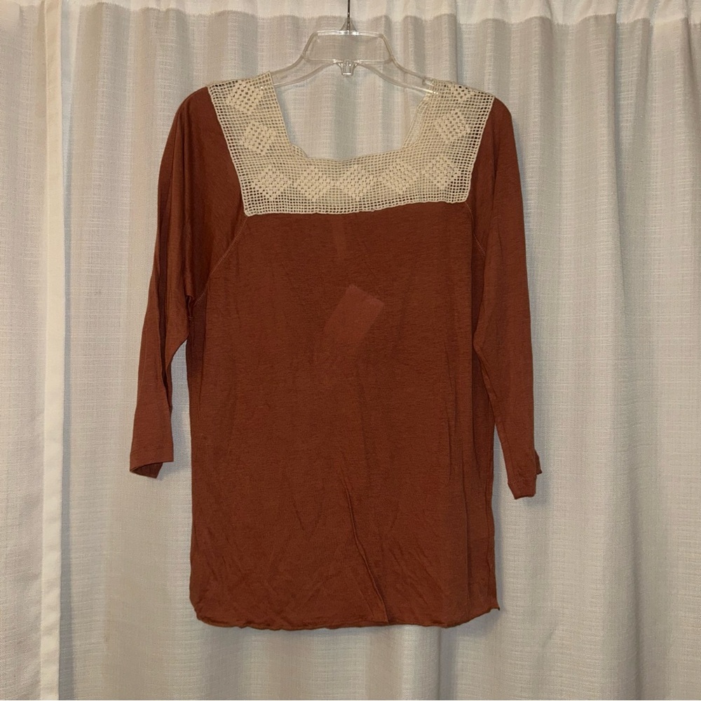 Anthropologie Rust Blouse with Cream Lace Yoke